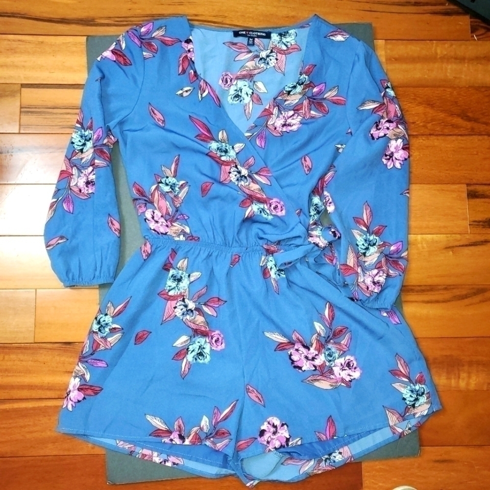 Blue Floral Romper Short One Clothing dusty